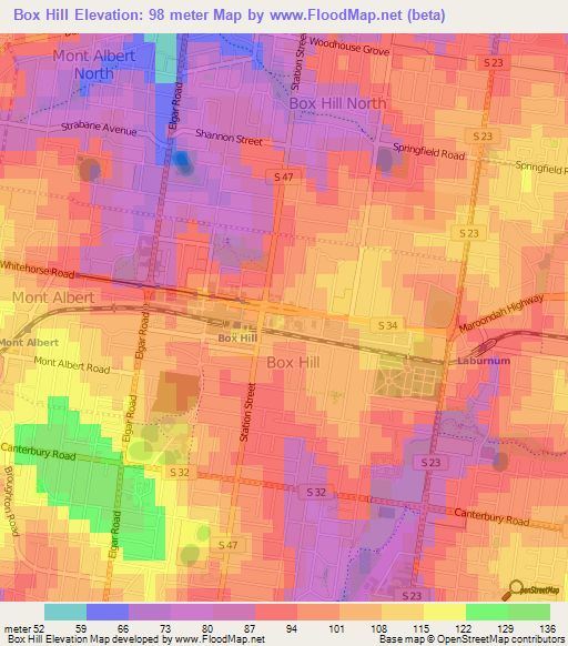 Box Hill,Australia Elevation Map