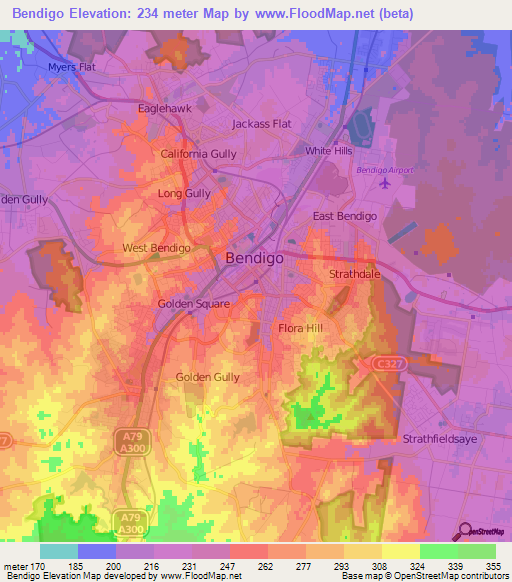 Bendigo,Australia Elevation Map