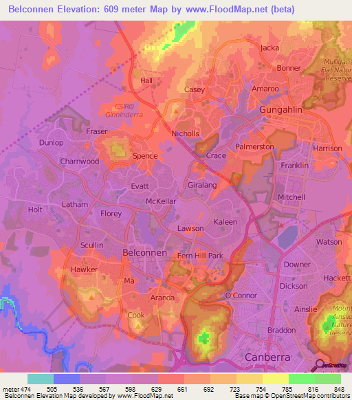 Belconnen,Australia Elevation Map
