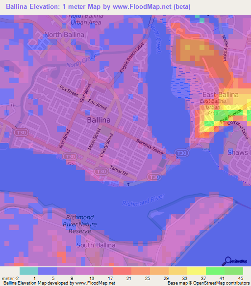 Ballina,Australia Elevation Map