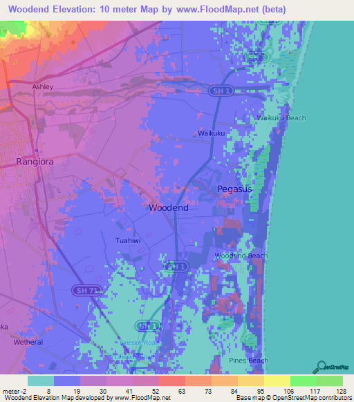 Woodend,New Zealand Elevation Map