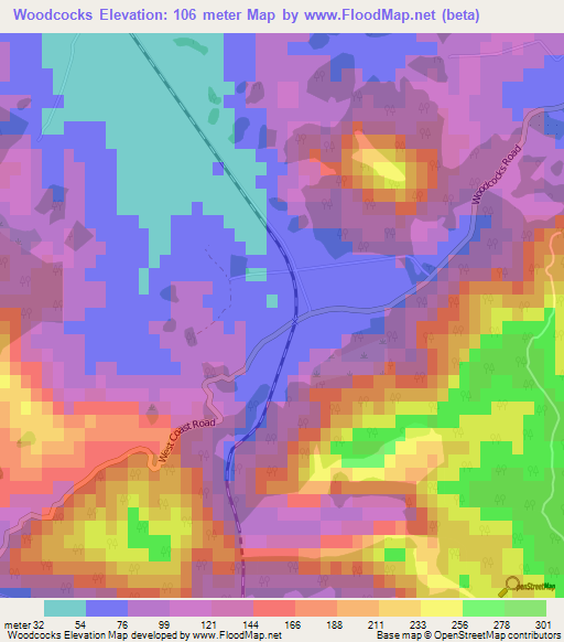 Woodcocks,New Zealand Elevation Map