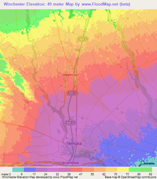 Winchester,New Zealand Elevation Map