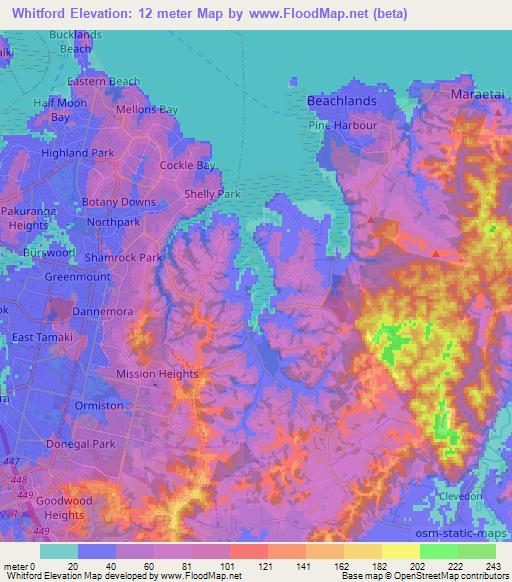 Whitford,New Zealand Elevation Map