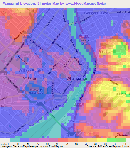 Wanganui,New Zealand Elevation Map