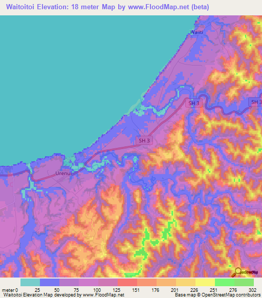 Waitoitoi,New Zealand Elevation Map