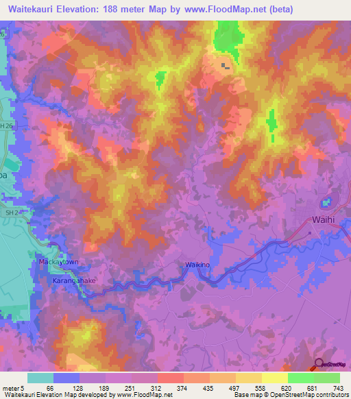 Waitekauri,New Zealand Elevation Map