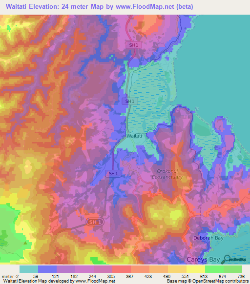 Waitati,New Zealand Elevation Map