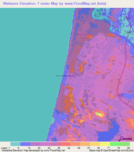 Waitarere,New Zealand Elevation Map