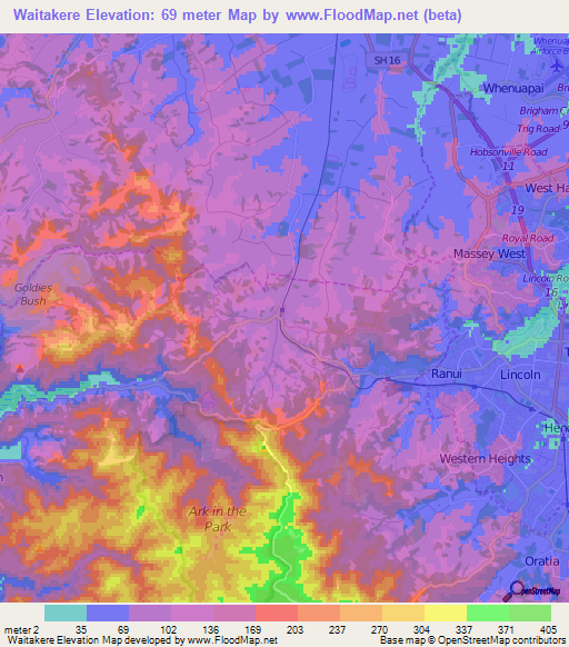 Waitakere,New Zealand Elevation Map