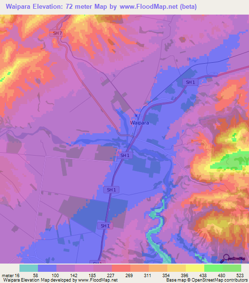 Waipara,New Zealand Elevation Map