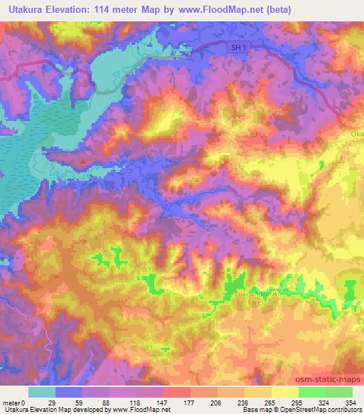 Utakura,New Zealand Elevation Map