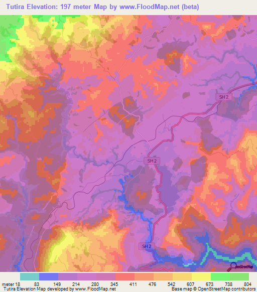 Tutira,New Zealand Elevation Map