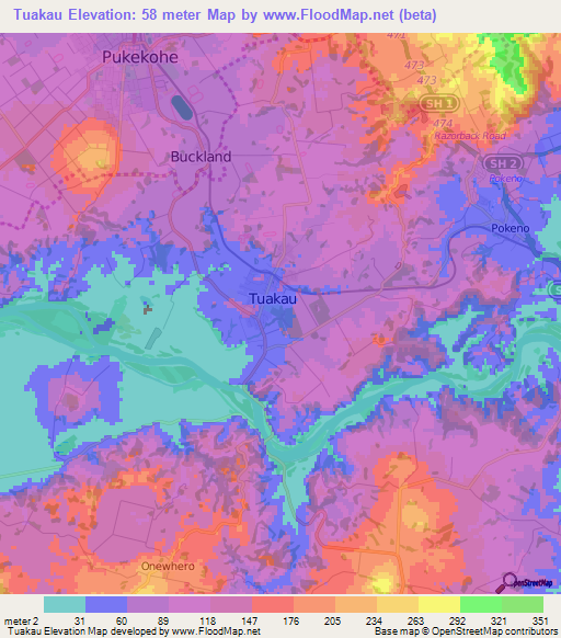 Tuakau,New Zealand Elevation Map