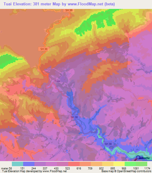 Tuai,New Zealand Elevation Map