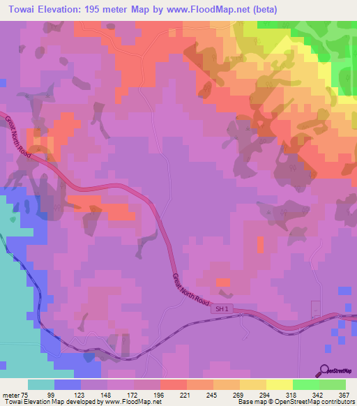 Towai,New Zealand Elevation Map