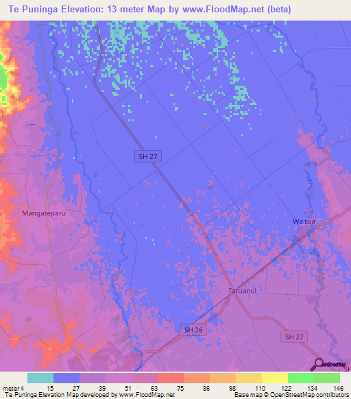 Te Puninga,New Zealand Elevation Map