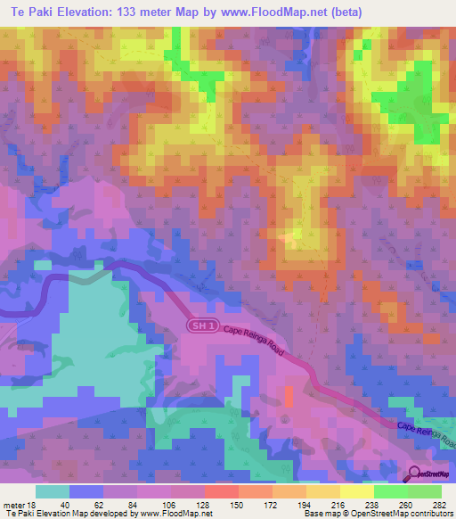 Te Paki,New Zealand Elevation Map