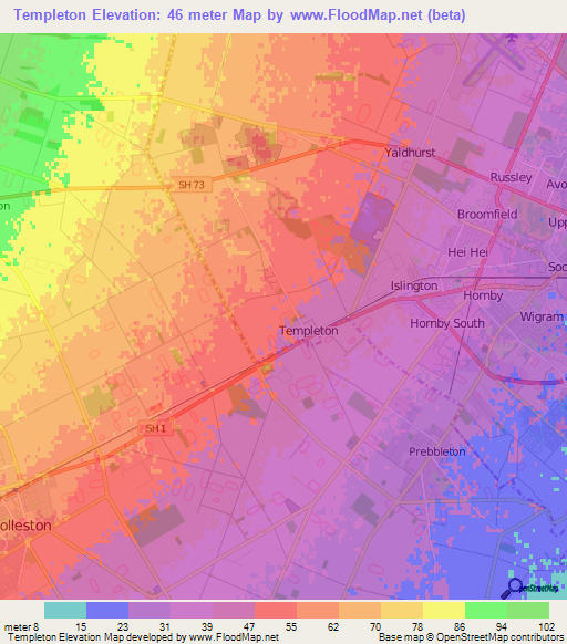Templeton,New Zealand Elevation Map