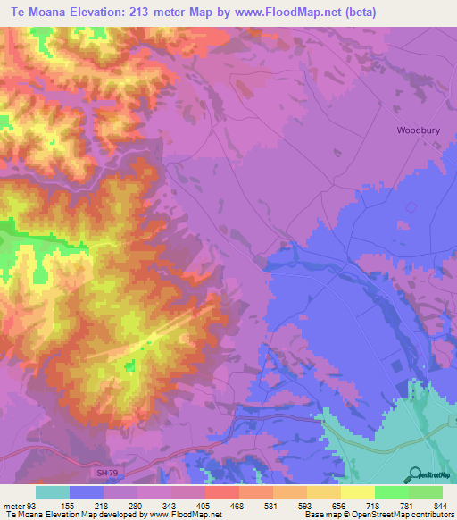 Te Moana,New Zealand Elevation Map