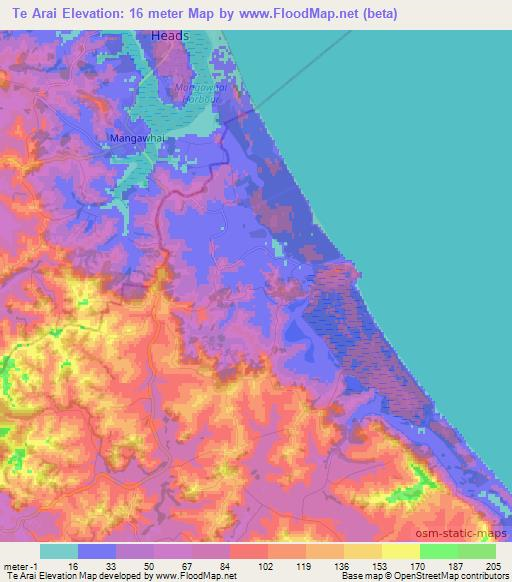 Te Arai,New Zealand Elevation Map