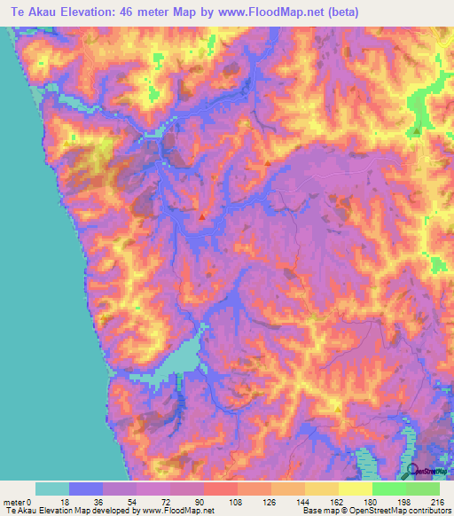 Te Akau,New Zealand Elevation Map