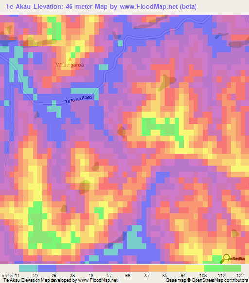 Te Akau,New Zealand Elevation Map