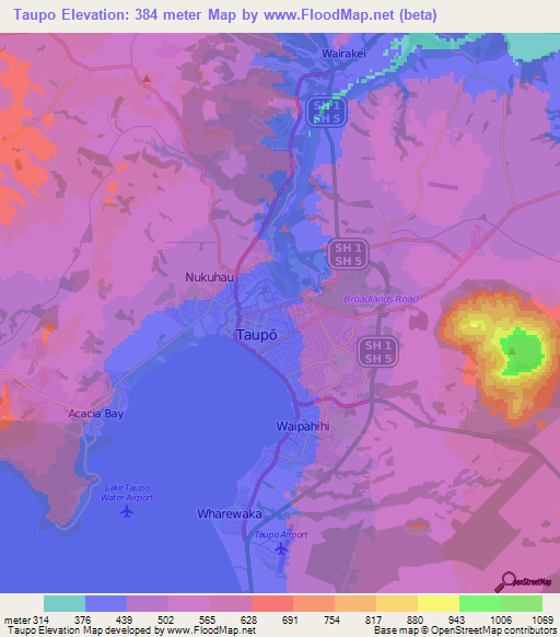 Taupo,New Zealand Elevation Map