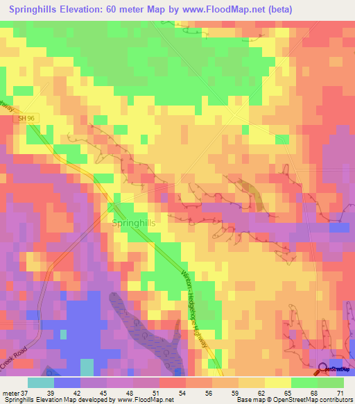 Springhills,New Zealand Elevation Map
