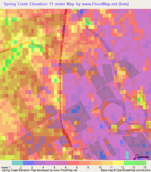 Spring Creek,New Zealand Elevation Map