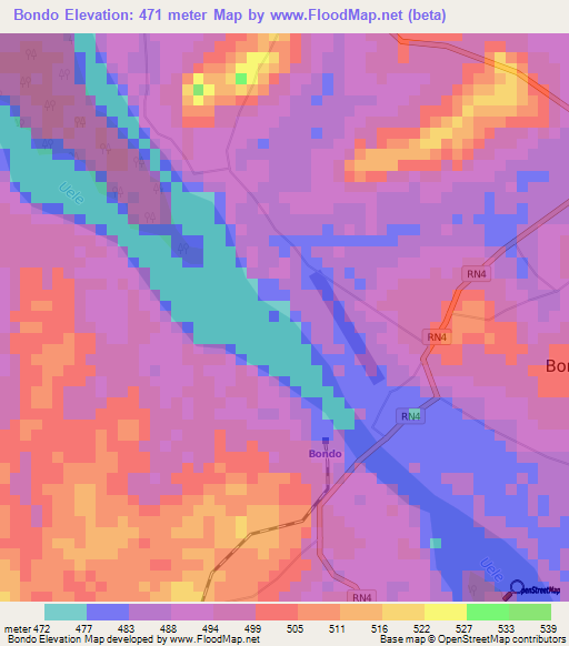Bondo,Congo (Kinshasa) Elevation Map