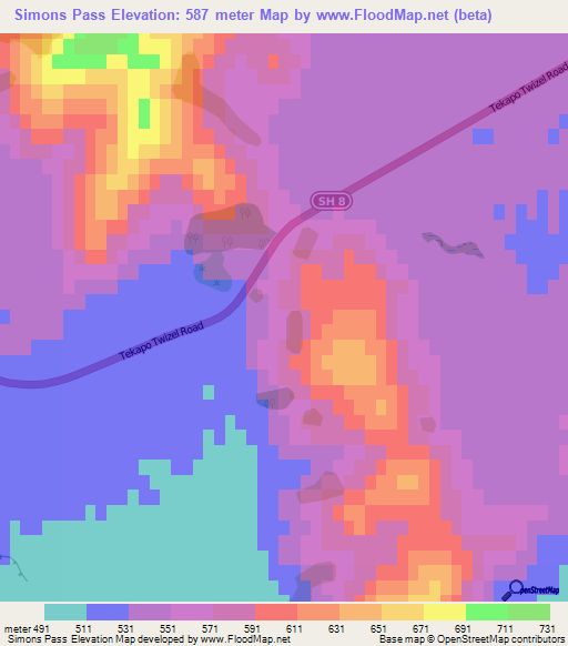 Simons Pass,New Zealand Elevation Map