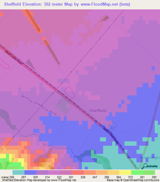 Sheffield,New Zealand Elevation Map