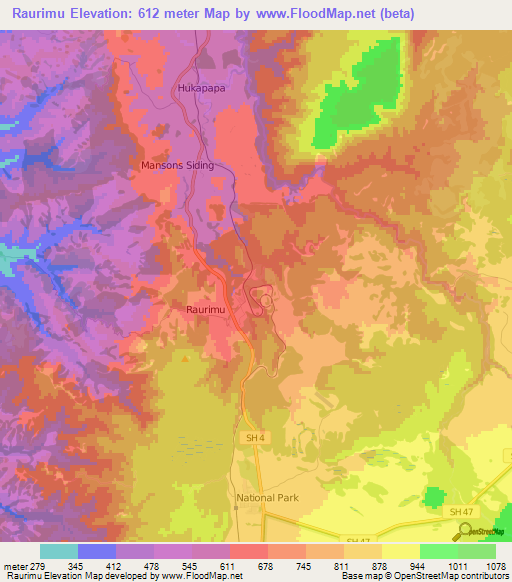 Raurimu,New Zealand Elevation Map