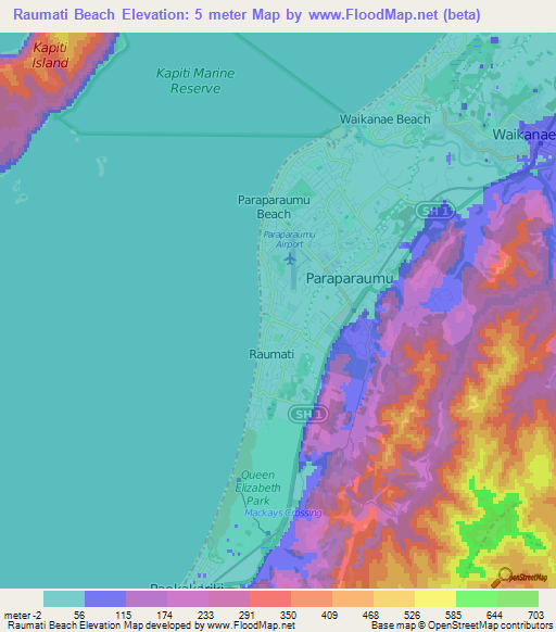 Raumati Beach,New Zealand Elevation Map