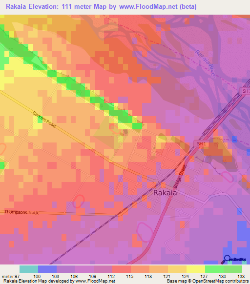 Rakaia,New Zealand Elevation Map