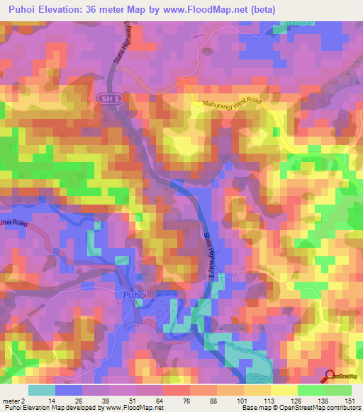 Puhoi,New Zealand Elevation Map