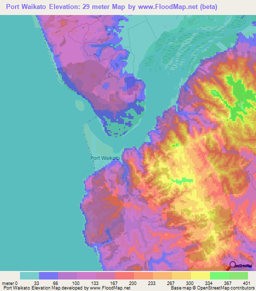 Port Waikato,New Zealand Elevation Map