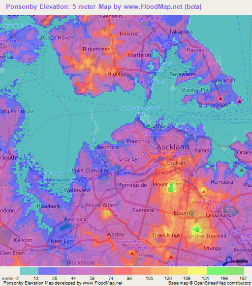 Ponsonby,New Zealand Elevation Map