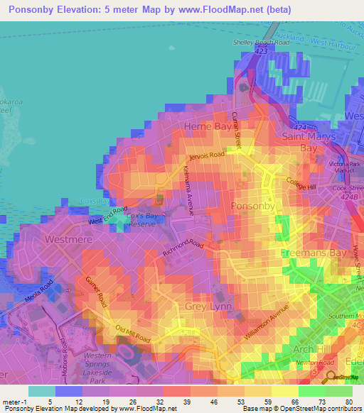 Ponsonby,New Zealand Elevation Map