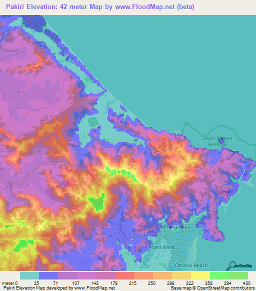 Pakiri,New Zealand Elevation Map