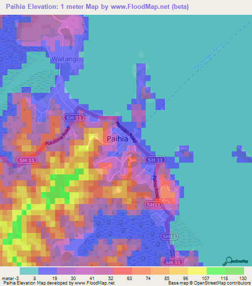 Paihia,New Zealand Elevation Map