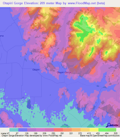 Otapiri Gorge,New Zealand Elevation Map