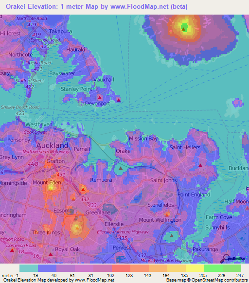 Orakei,New Zealand Elevation Map