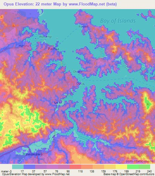 Opua,New Zealand Elevation Map