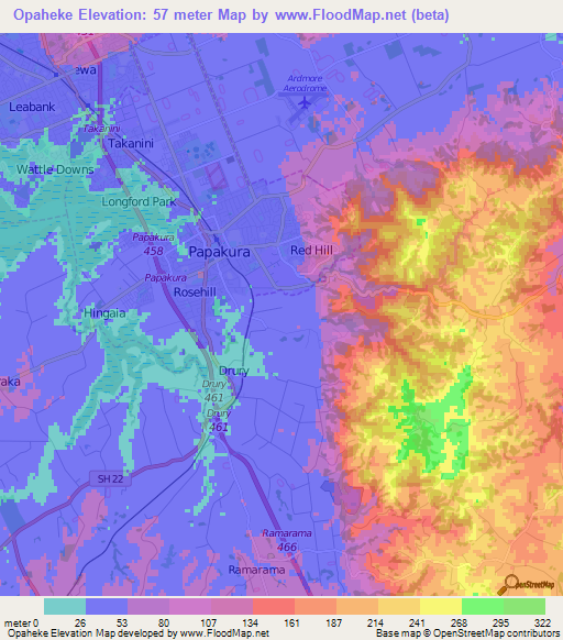 Opaheke,New Zealand Elevation Map
