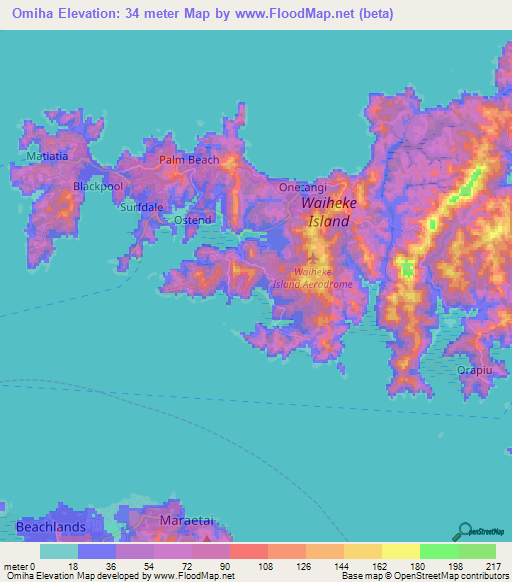 Omiha,New Zealand Elevation Map