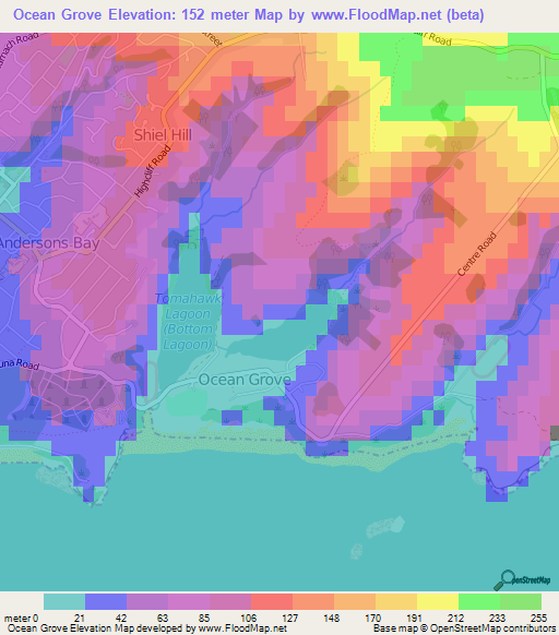 Ocean Grove,New Zealand Elevation Map