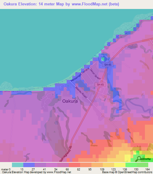 Oakura,New Zealand Elevation Map