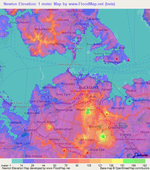 Newton,New Zealand Elevation Map